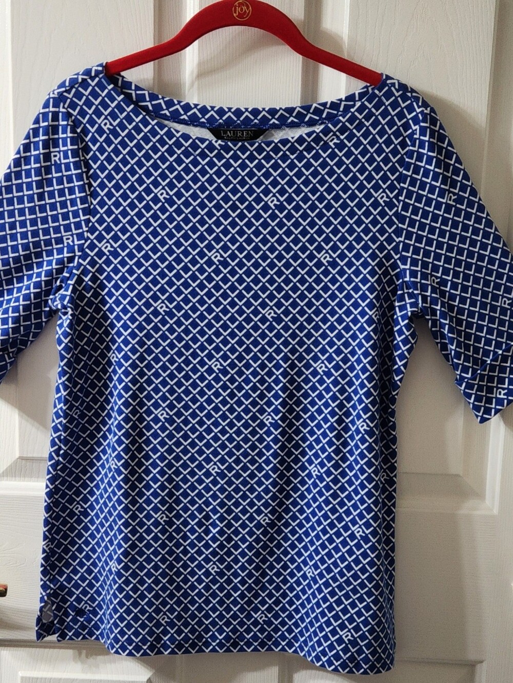 Ralph Lauren stretch Knit Tee Top boat neck Size large royal blue/white Logo LRL